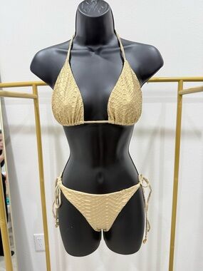 Luli Fama Gold Textured Triangle Bikini Set Metallic Snake Print Tie Side